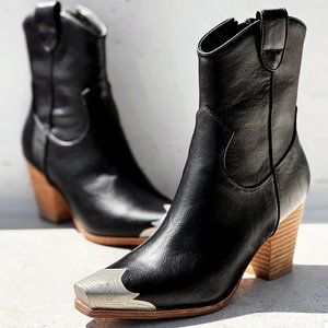 NEW Black PU Leather Metal Cap Toe Block Heel Cowgirl Cowboy Western Ankle Boots